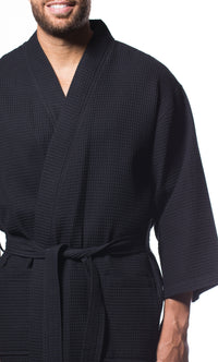 Waffle Kimono Black Long Robe Square Pattern