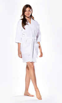 Waffle Kimono White Short Robe Square Pattern