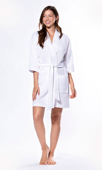 Waffle Kimono White Short Robe Square Pattern