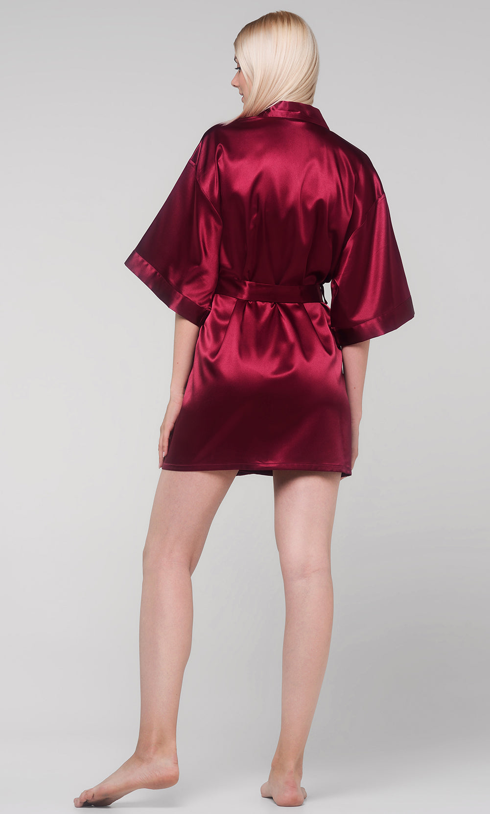 Wine Red Satin Kimono Short Robe