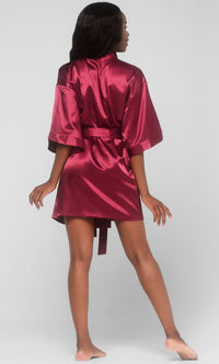 Wine Red Satin Kimono Short Robe