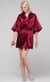 Wine Red Satin Kimono Short Robe