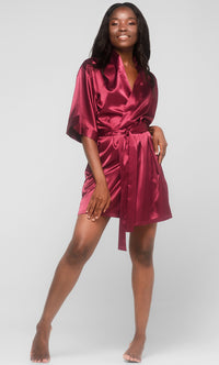 Wine Red Satin Kimono Short Robe