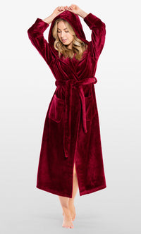 Super Soft Burgundy Plush Hooded Women's Robe