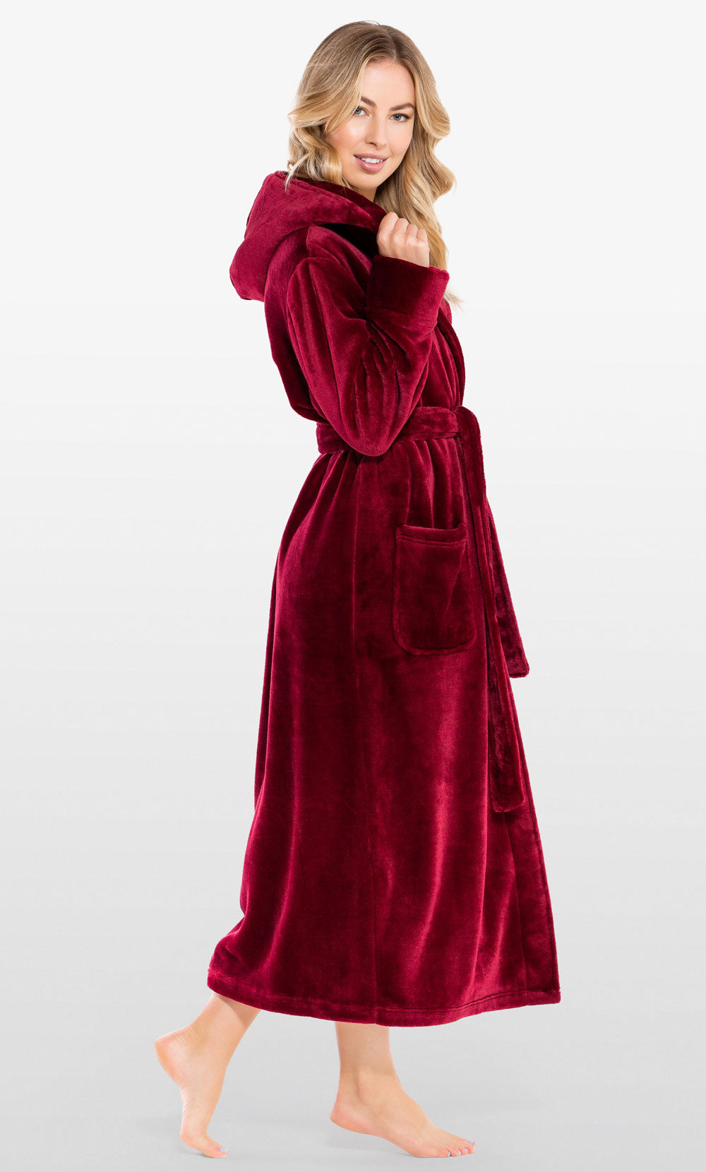 Super Soft Burgundy Plush Hooded Women's Robe