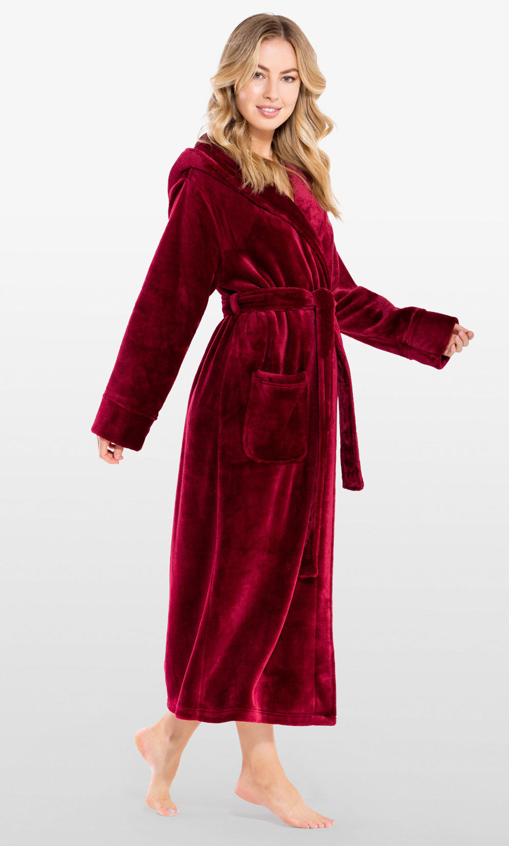Super Soft Burgundy Plush Hooded Women's Robe