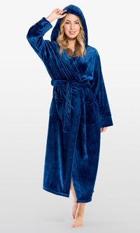 Super Soft Navy Blue  Plush Hooded Women's Robe
