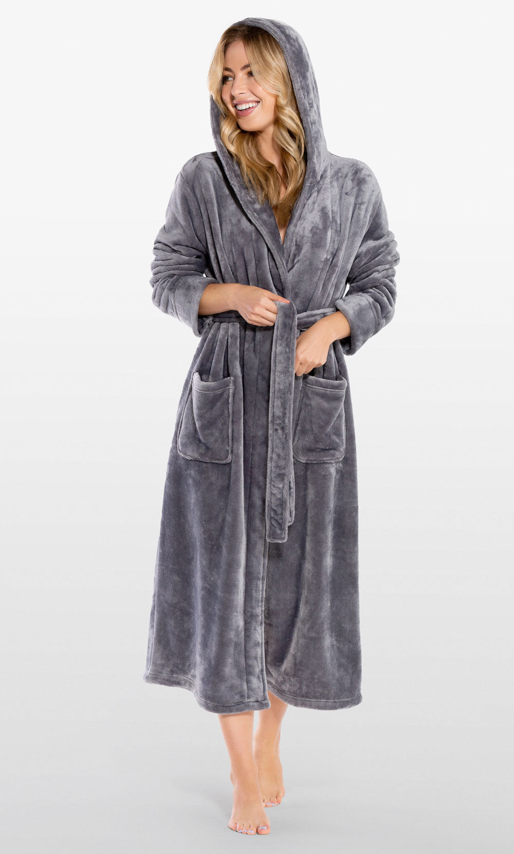 Super Soft Gray Plush Hooded Women's Robe