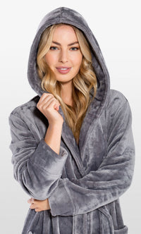 Super Soft Gray Plush Hooded Women's Robe