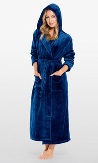 Super Soft Navy Blue  Plush Hooded Women's Robe