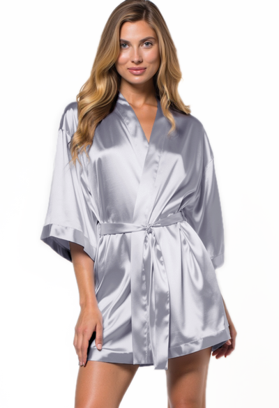Classic Gray Satin Kimono Short Robe