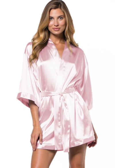 Light Pink Satin Kimono Short Robe