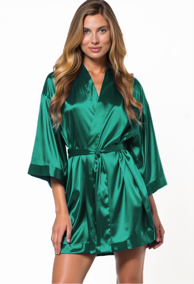 Lush Meadow Emerald Green Satin Kimono Short Robe
