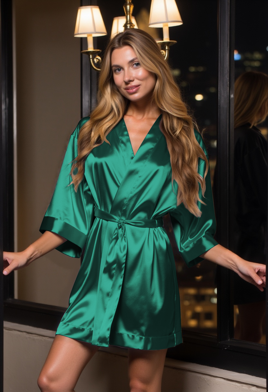 Kimono robes For Women Satin Silk lingerie robe, Short V-Neck For Female Sleepwear Loungewear bridal party bridesmaid wedding - Lime Green