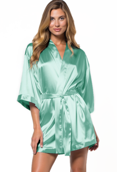 Mint Green Satin Kimono Short Robe