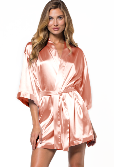 Peach Satin Kimono Short Robe