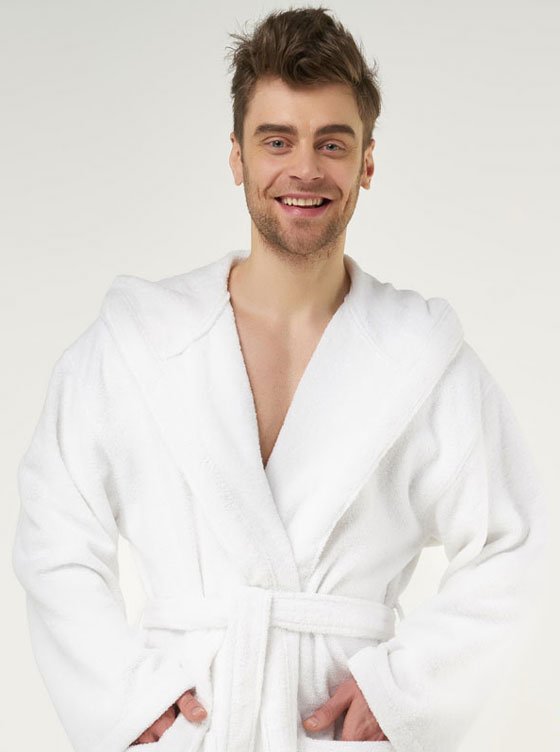 White Bathrobe Mens Hooded Towelling Bathrobe 100% Turkish