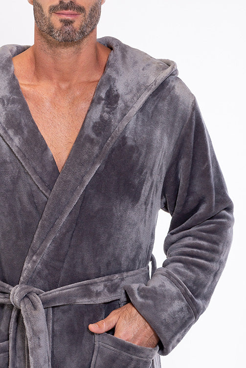 Men's Gray Plush Soft Warm Fleece Bathrobe with Hood, Comfy Men's Robe RobeMart Men's Gray Plush Soft Warm Fleece Bathrobe with Hood, Comfy Men's Robe RobeMart