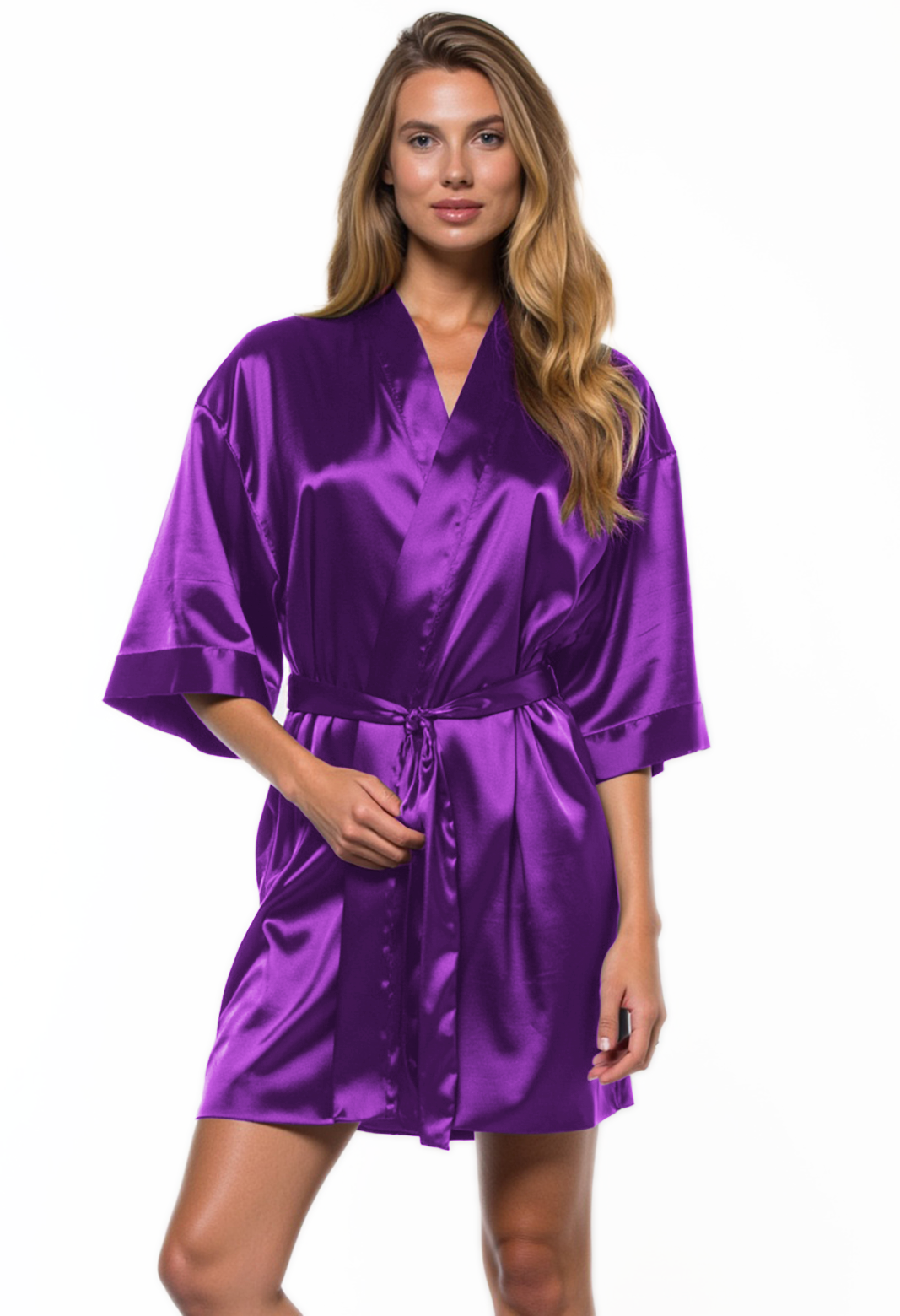 Turquaz Linen Purple Satin Kimono Short Robe, Women's, Size: 2XL