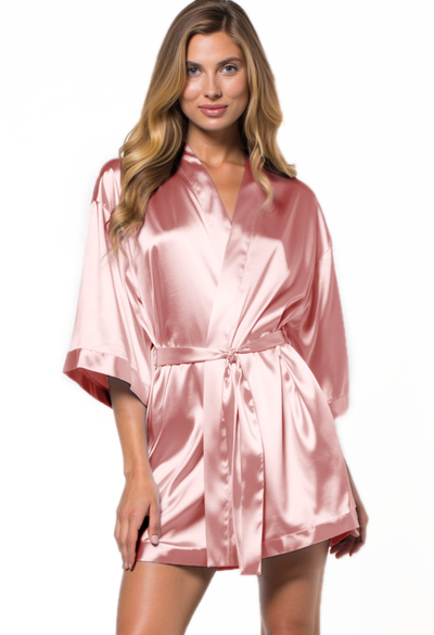 Rose Pink Satin Kimono Short Robe
