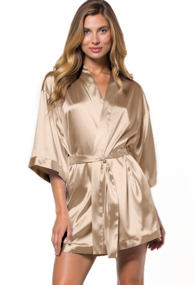 Taupe Satin Kimono Short Robe
