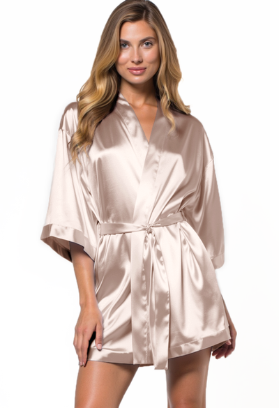 White Peach Satin Kimono Short Robe