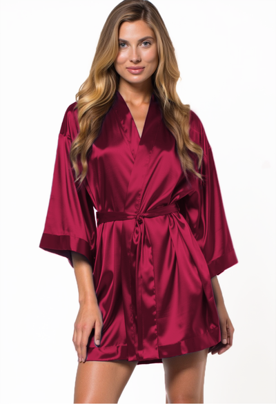 Wine Red Satin Kimono Short Robe