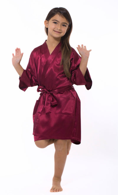 Wine Red Satin Kimono Kid's Robe