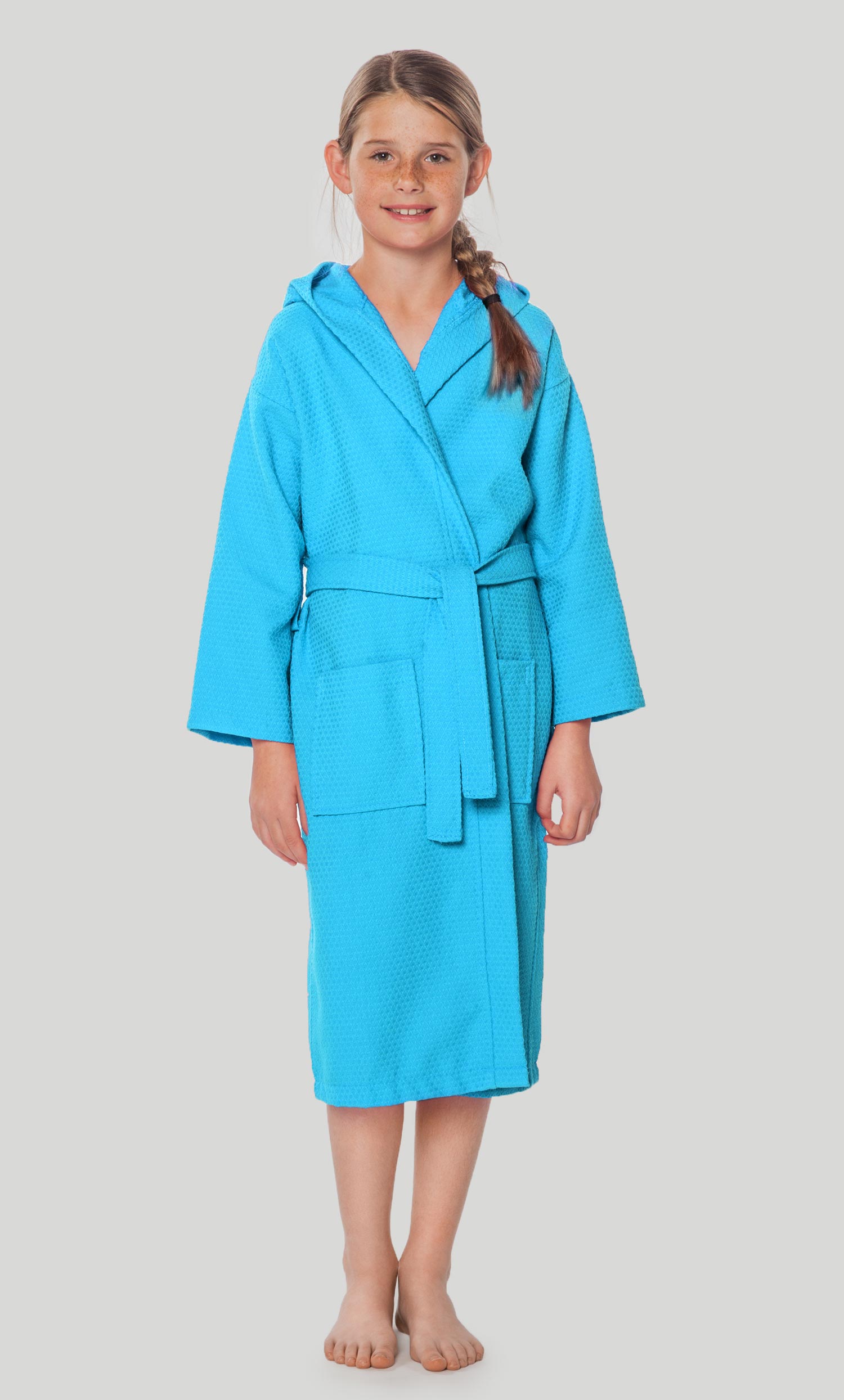 100% Turkish Cotton Turquoise Hooded Waffle Kid's Robe - Final Sale-Robemart.com