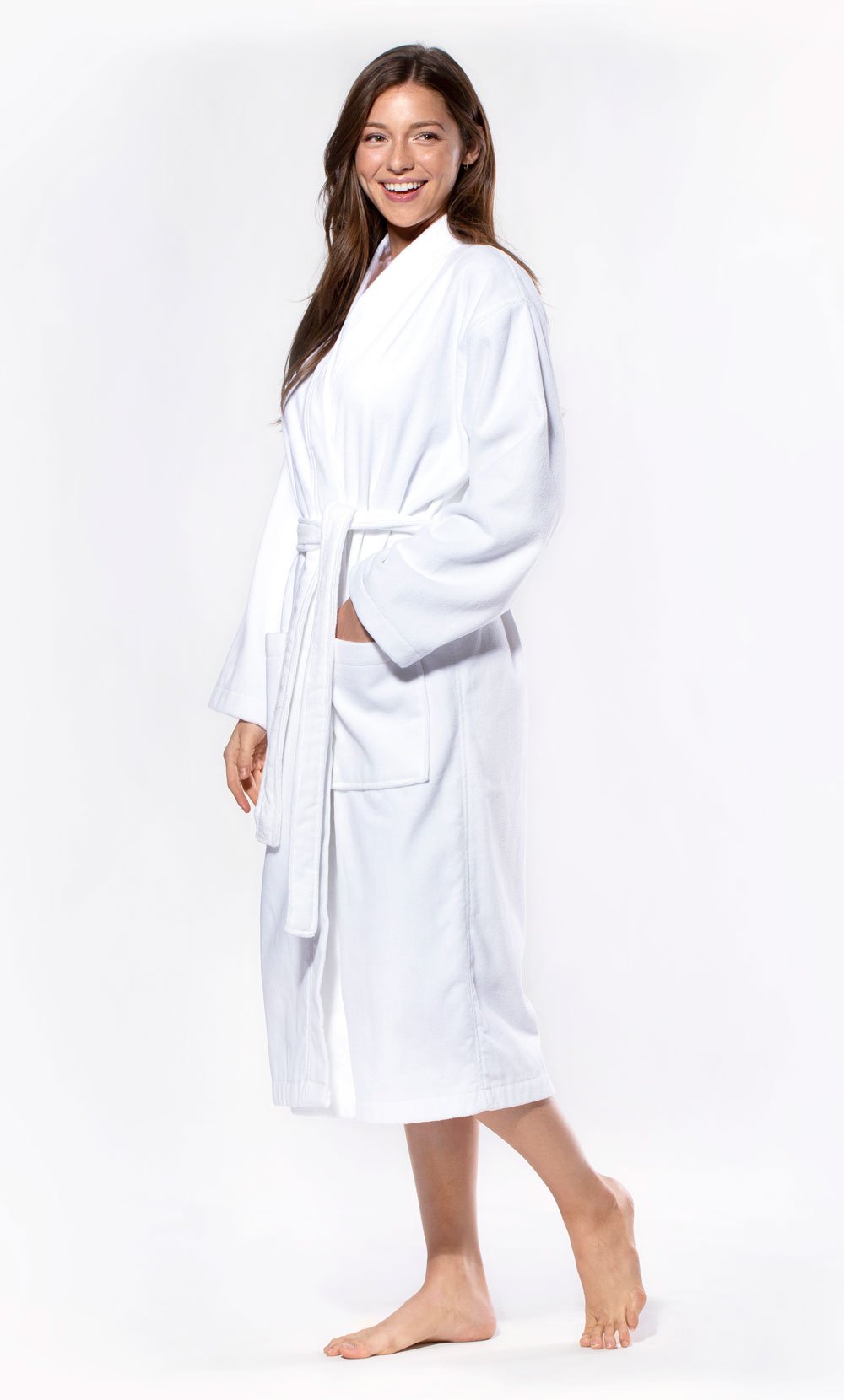 100% Turkish Cotton White Terry / Velour Kimono Bathrobe-Robemart.com