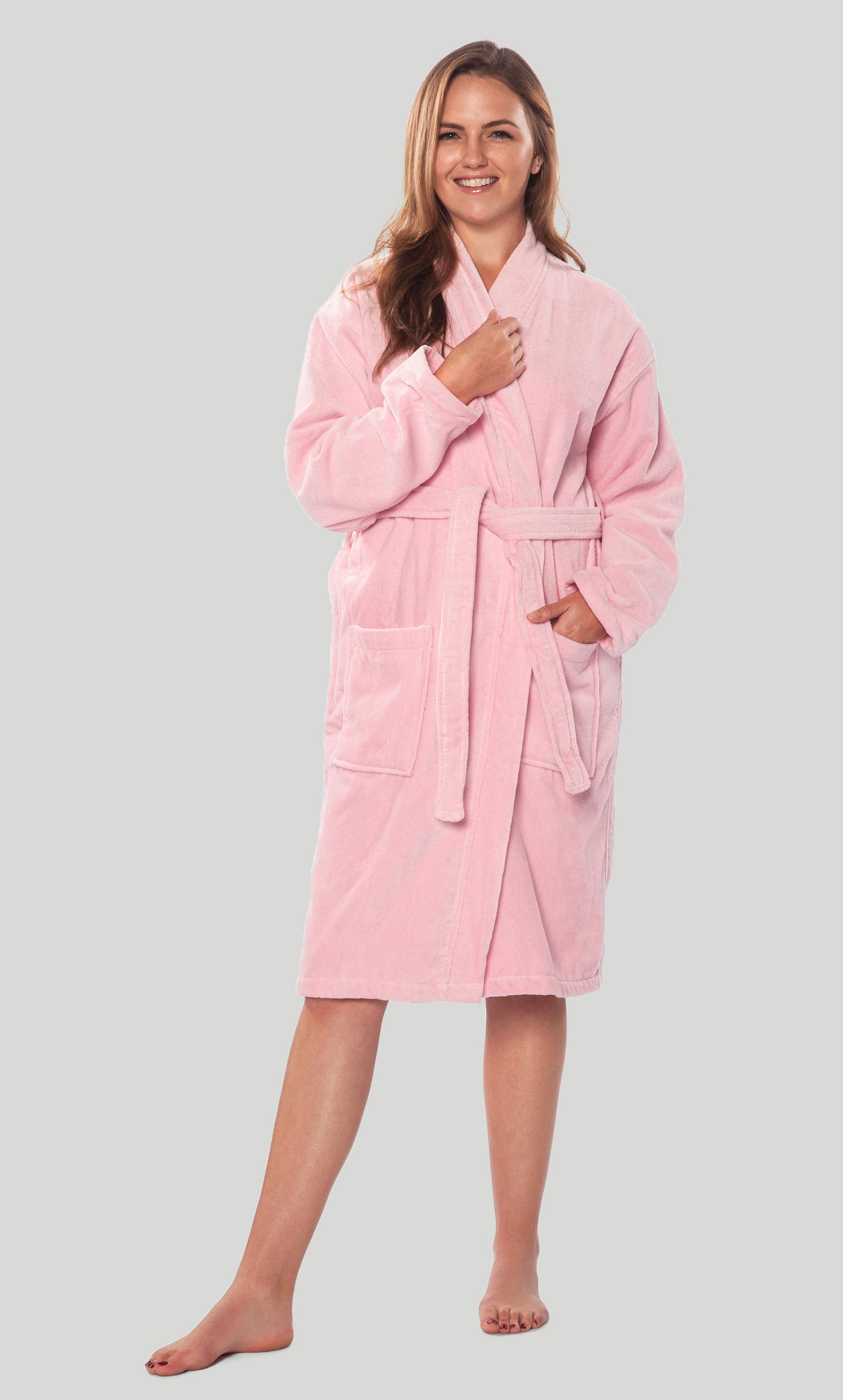 100% Turkish Cotton Pink Terry / Velour Kimono Bathrobe-Robemart.com