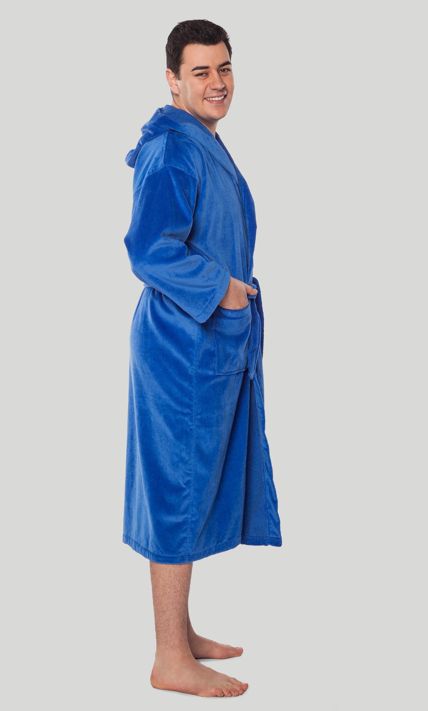 100% Turkish Cotton Royal Blue Hooded Terry / Velour Bathrobe-Robemart.com