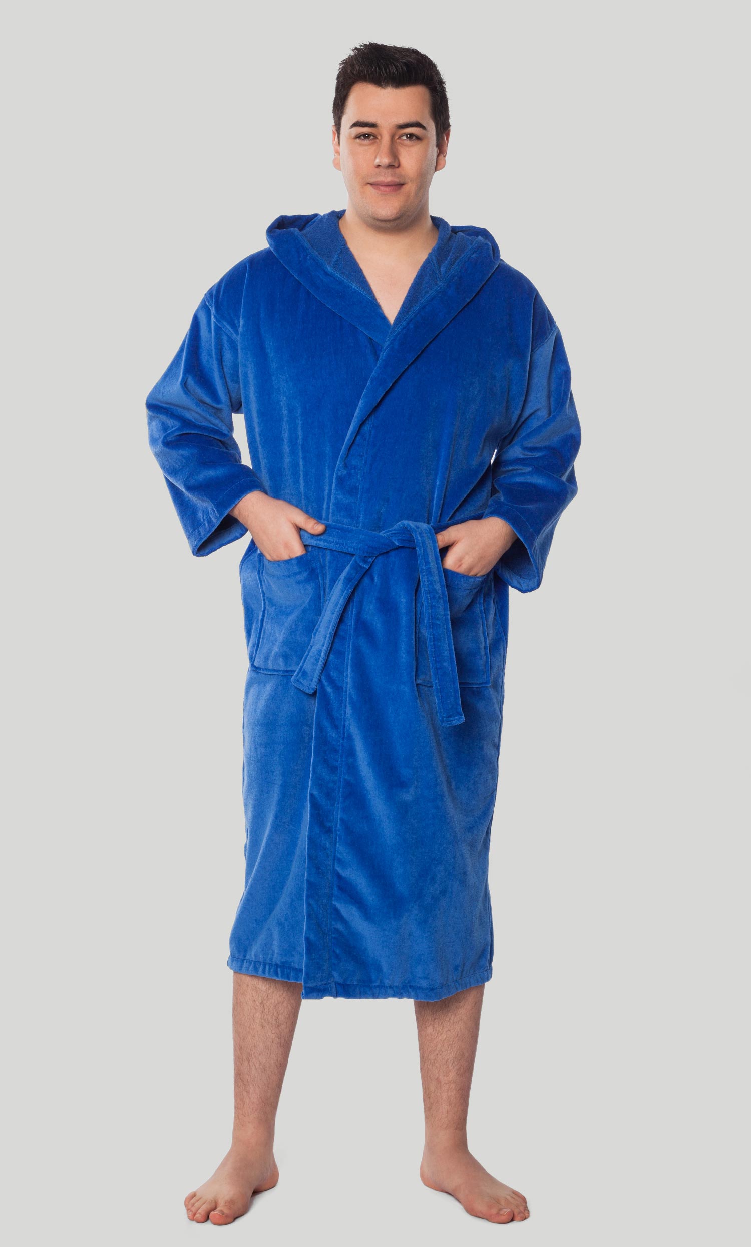 100% Turkish Cotton Royal Blue Hooded Terry / Velour Bathrobe-Robemart.com