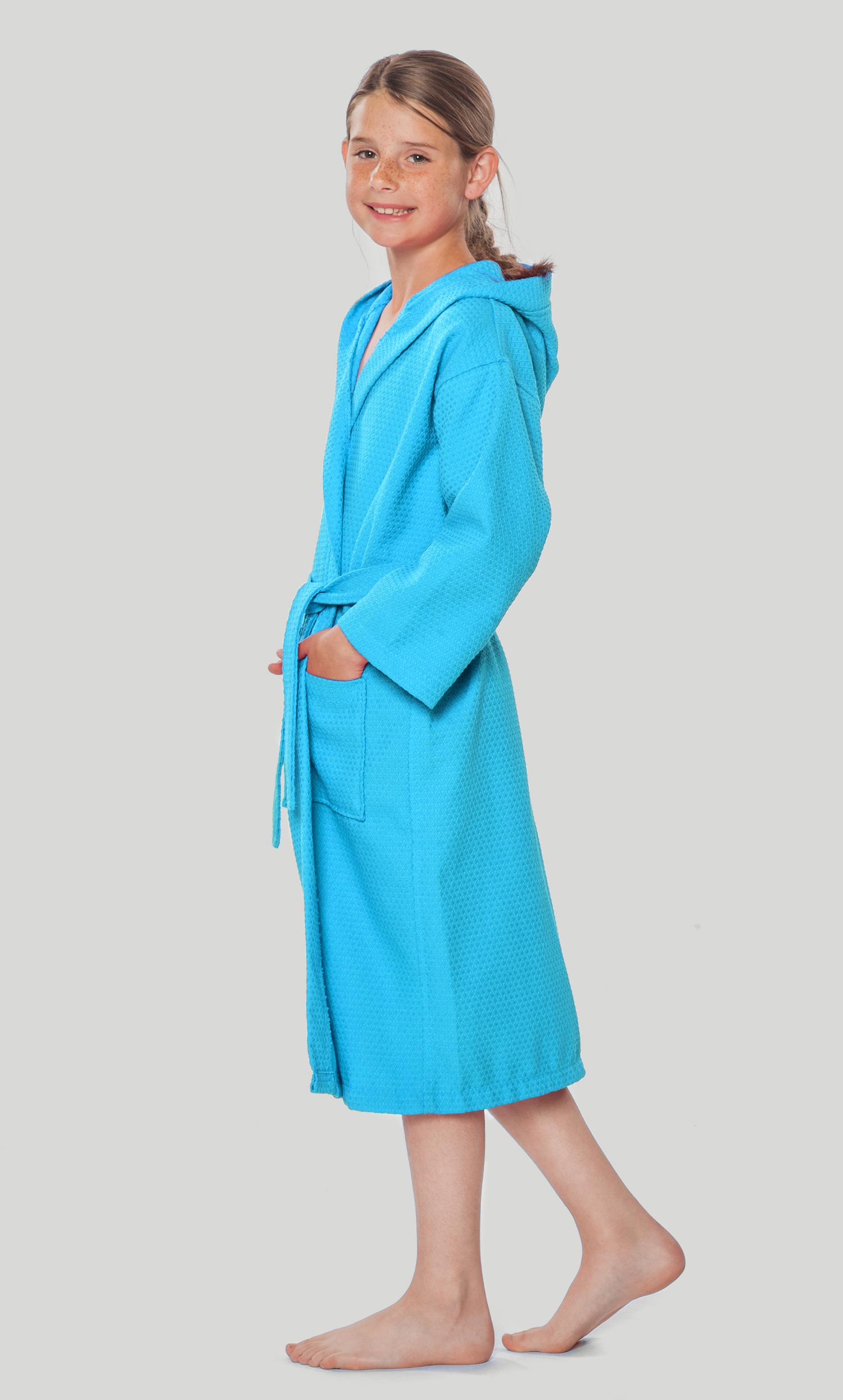 100% Turkish Cotton Turquoise Hooded Waffle Kid's Robe - Final Sale-Robemart.com