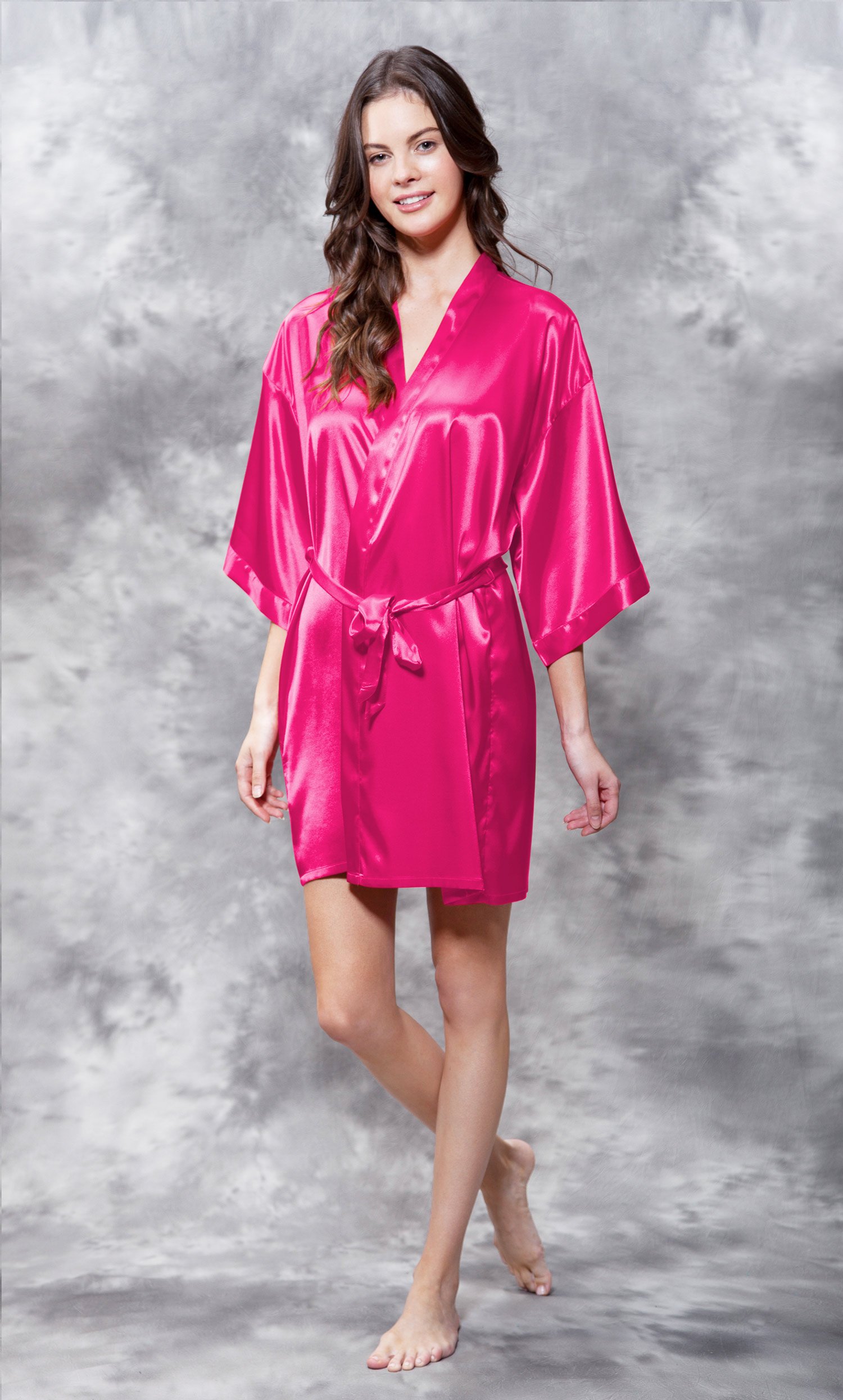 Fuchsia Satin Kimono Short Robe-Robemart.com