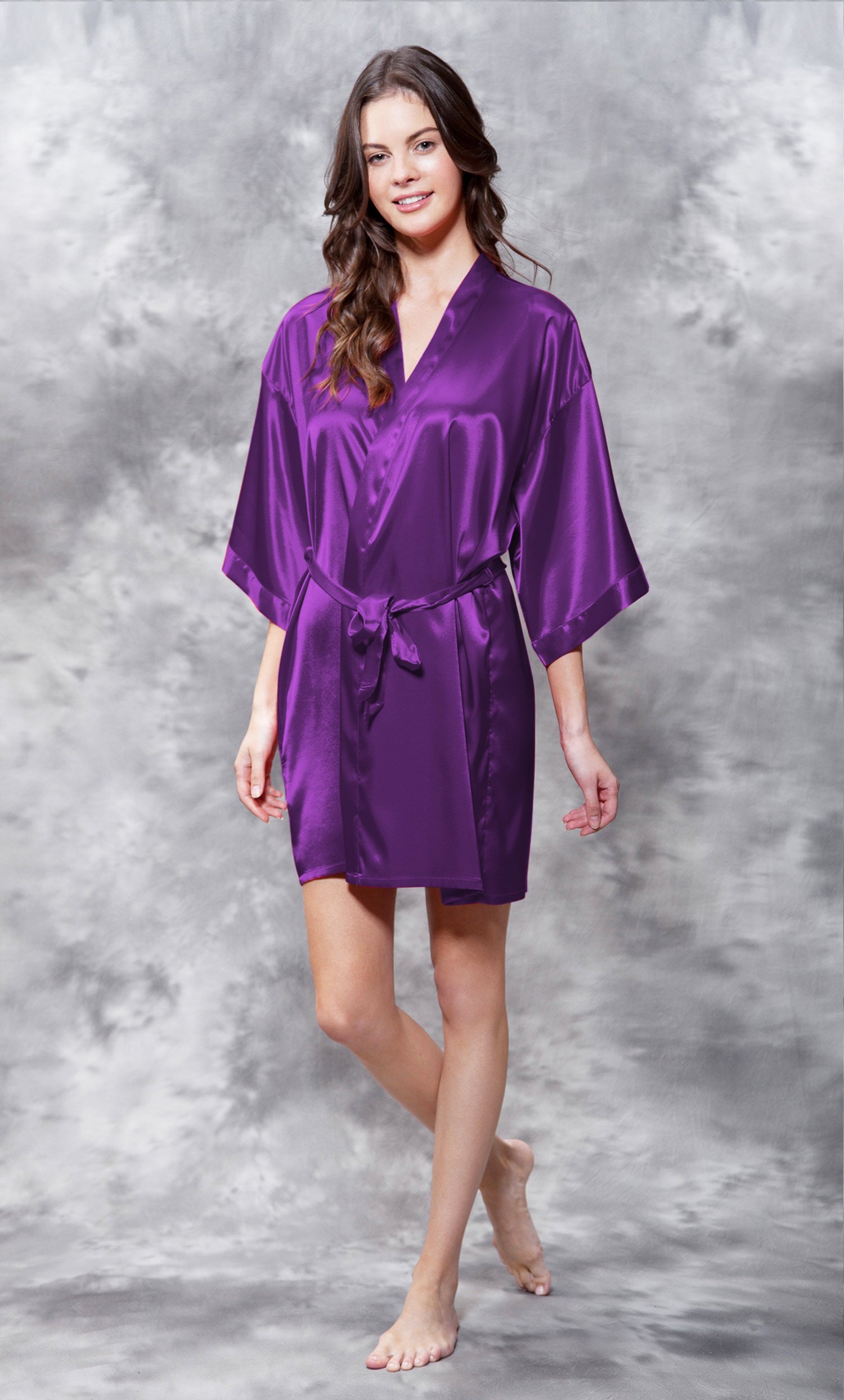 Bride Clear Rhinestone Satin Kimono Purple Short Robe-Robemart.com