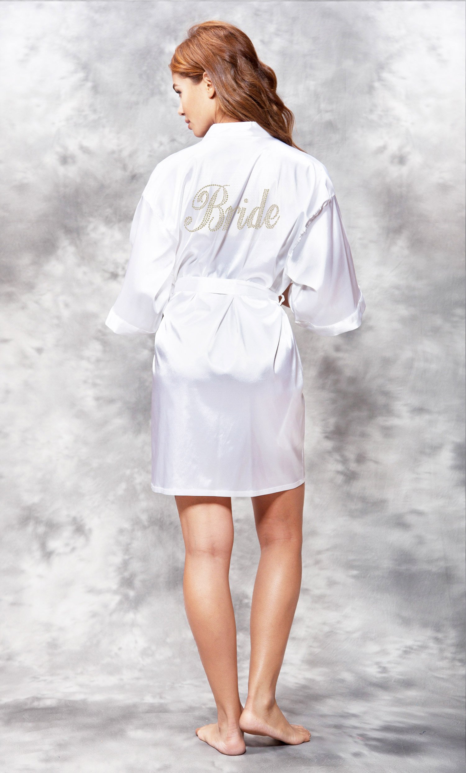 Bride Taupe/Gold Rhinestone Satin Kimono White Short Robe-Robemart.com