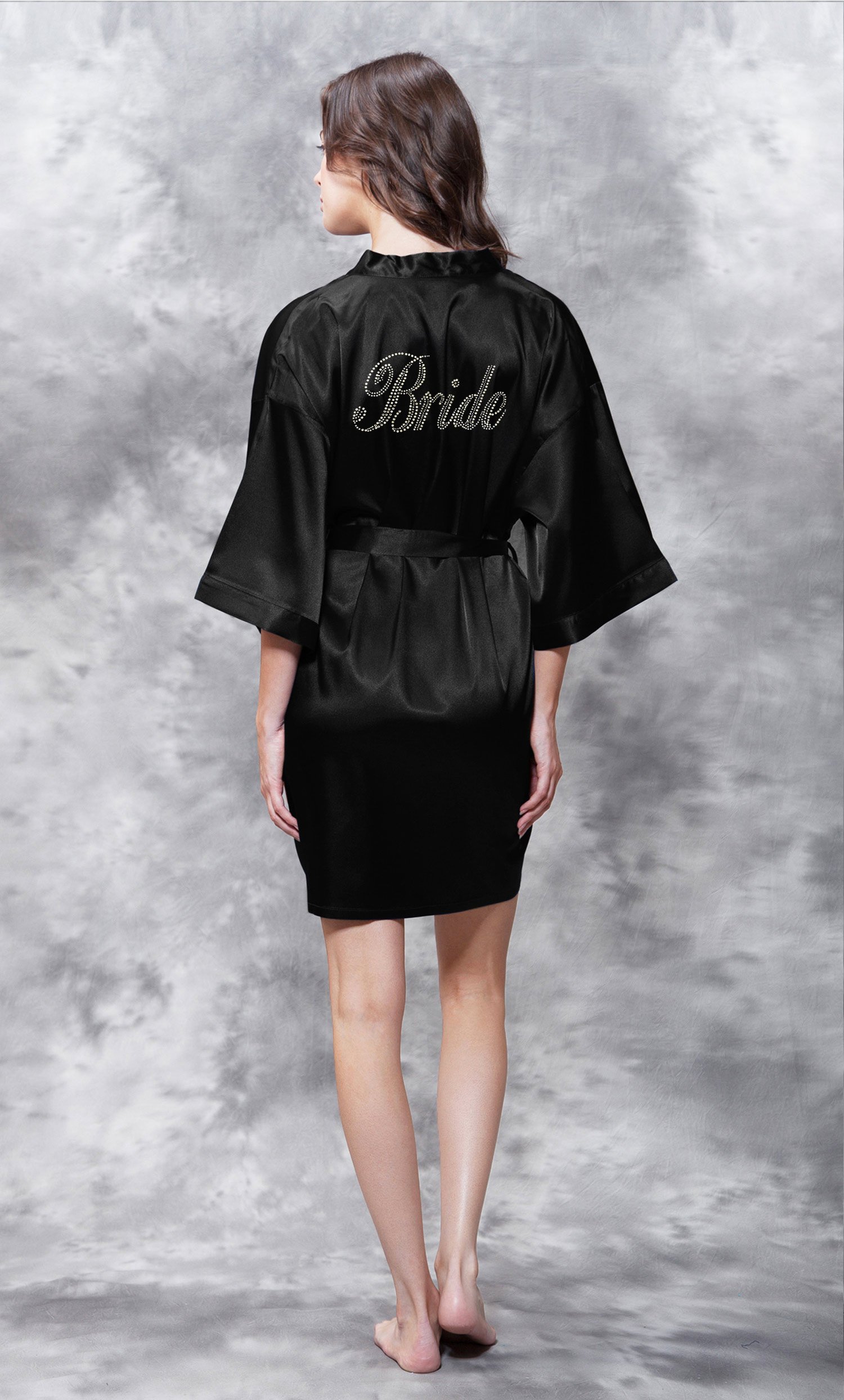 Bride Clear Rhinestone Satin Kimono Black Short Robe-Robemart.com