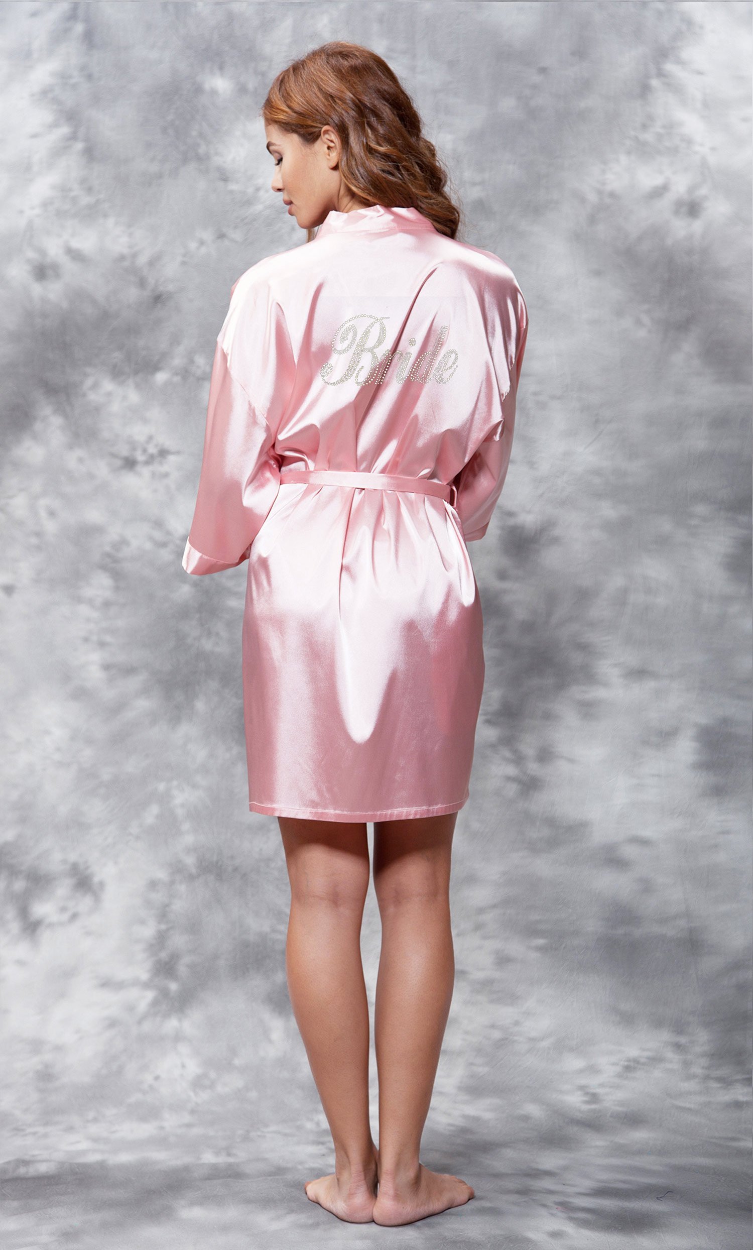 Bride Clear Rhinestone Satin Kimono Pink Short Robe-Robemart.com