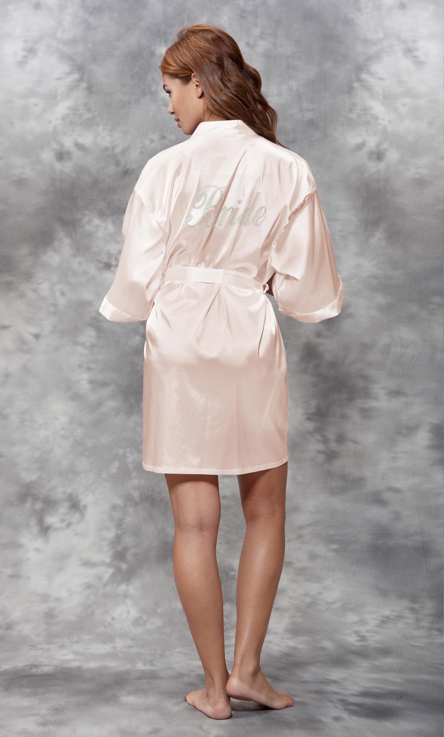 Bride Clear Rhinestone Satin Kimono White Peach Short Robe-Robemart.com