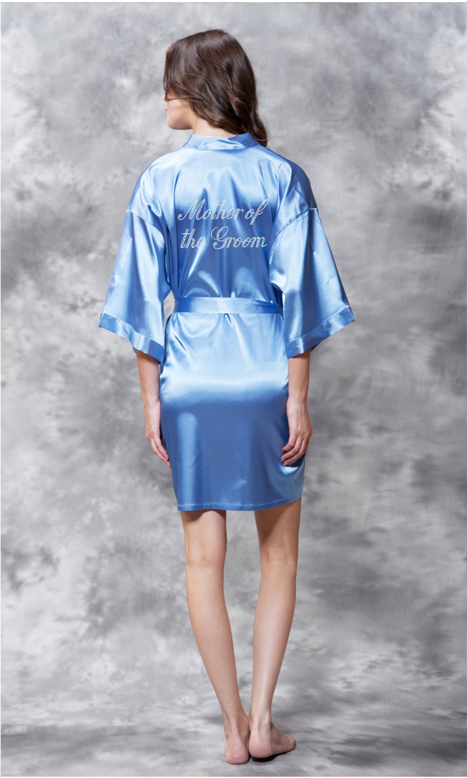 Mother of the Groom Clear Rhinestone Satin Kimono Airy Blue Short Robe-Robemart.com