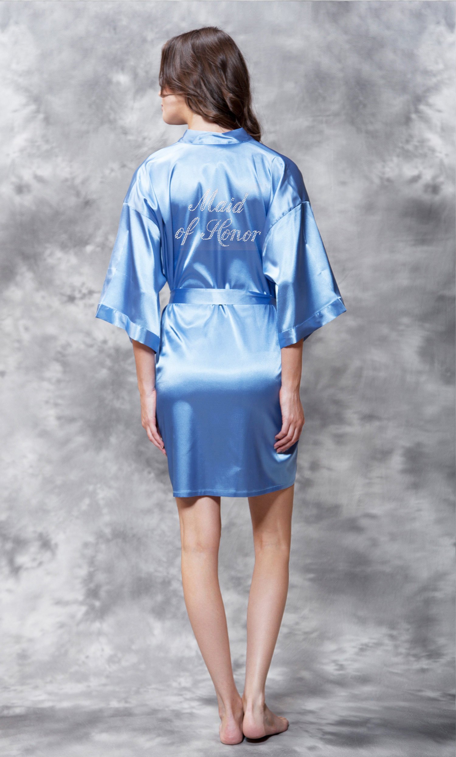 Maid of Honor Clear Rhinestone Satin Kimono Airy Blue Short Robe-Robemart.com