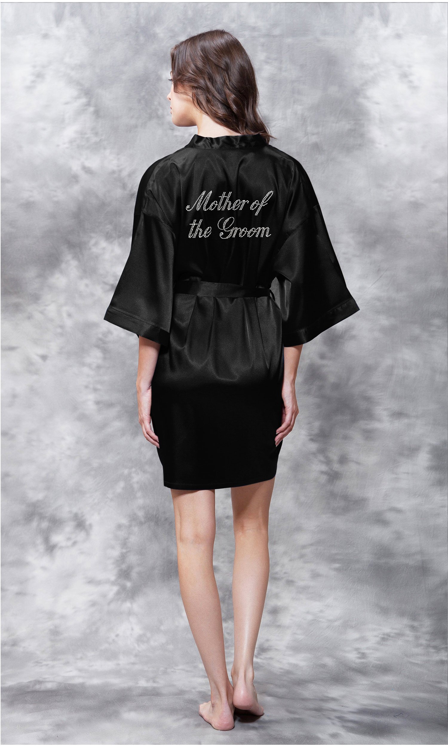 CLEARANCE Mother of the Groom Clear Rhinestone Satin Kimono Short Robe - Final Sale-Robemart.com