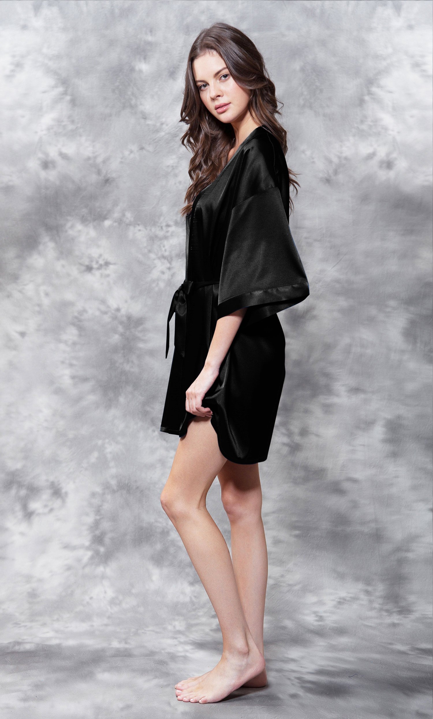 Maid of Honor Clear Rhinestone Satin Kimono Black Short Robe-Robemart.com
