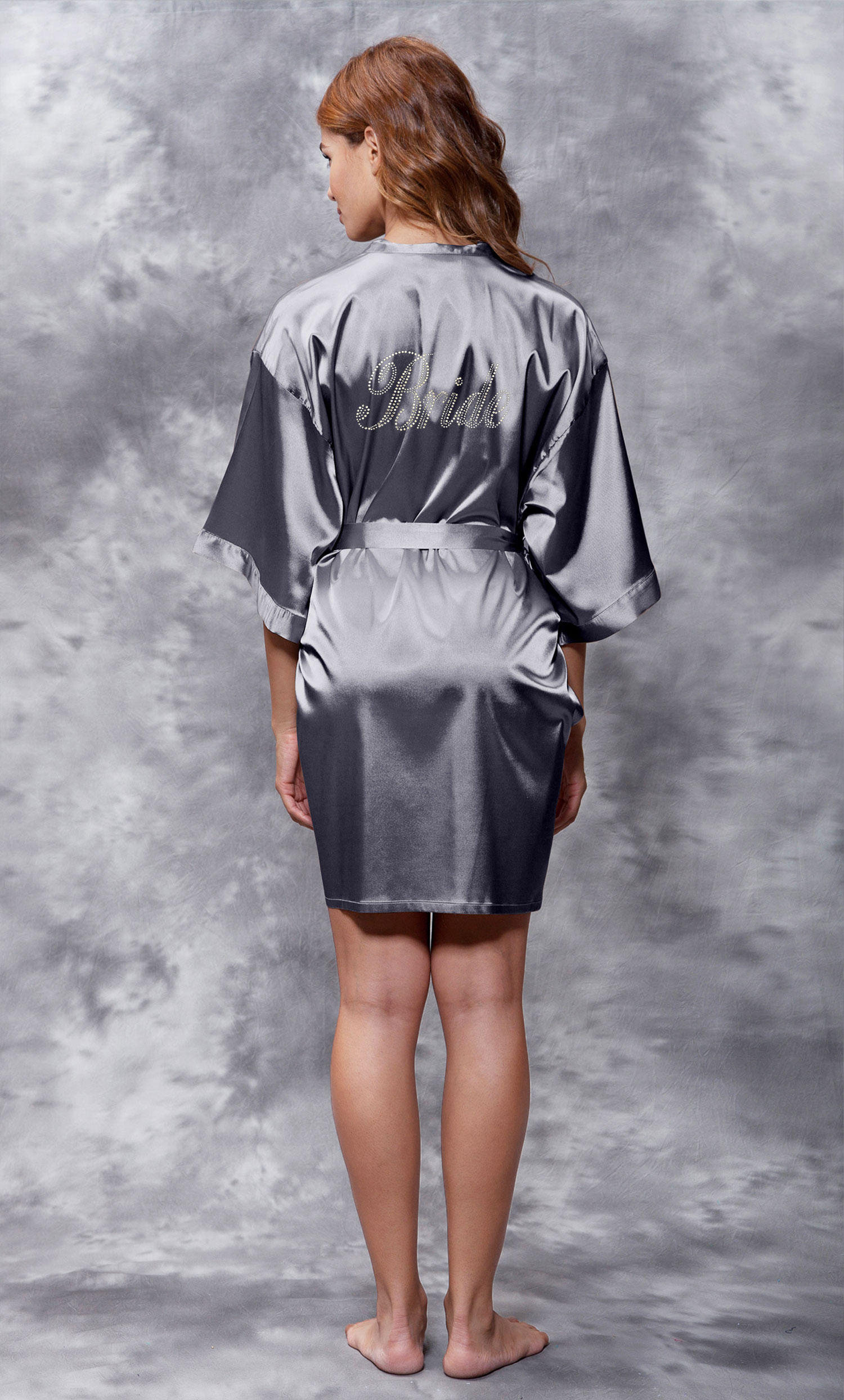 Bride Clear Rhinestone Satin Kimono Charcoal Short Robe-Robemart.com