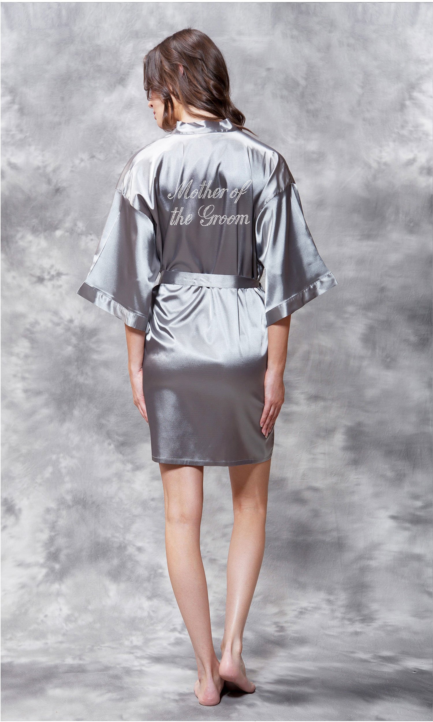Mother of the Groom Clear Rhinestone Satin Kimono Classic Gray Short Robe-Robemart.com