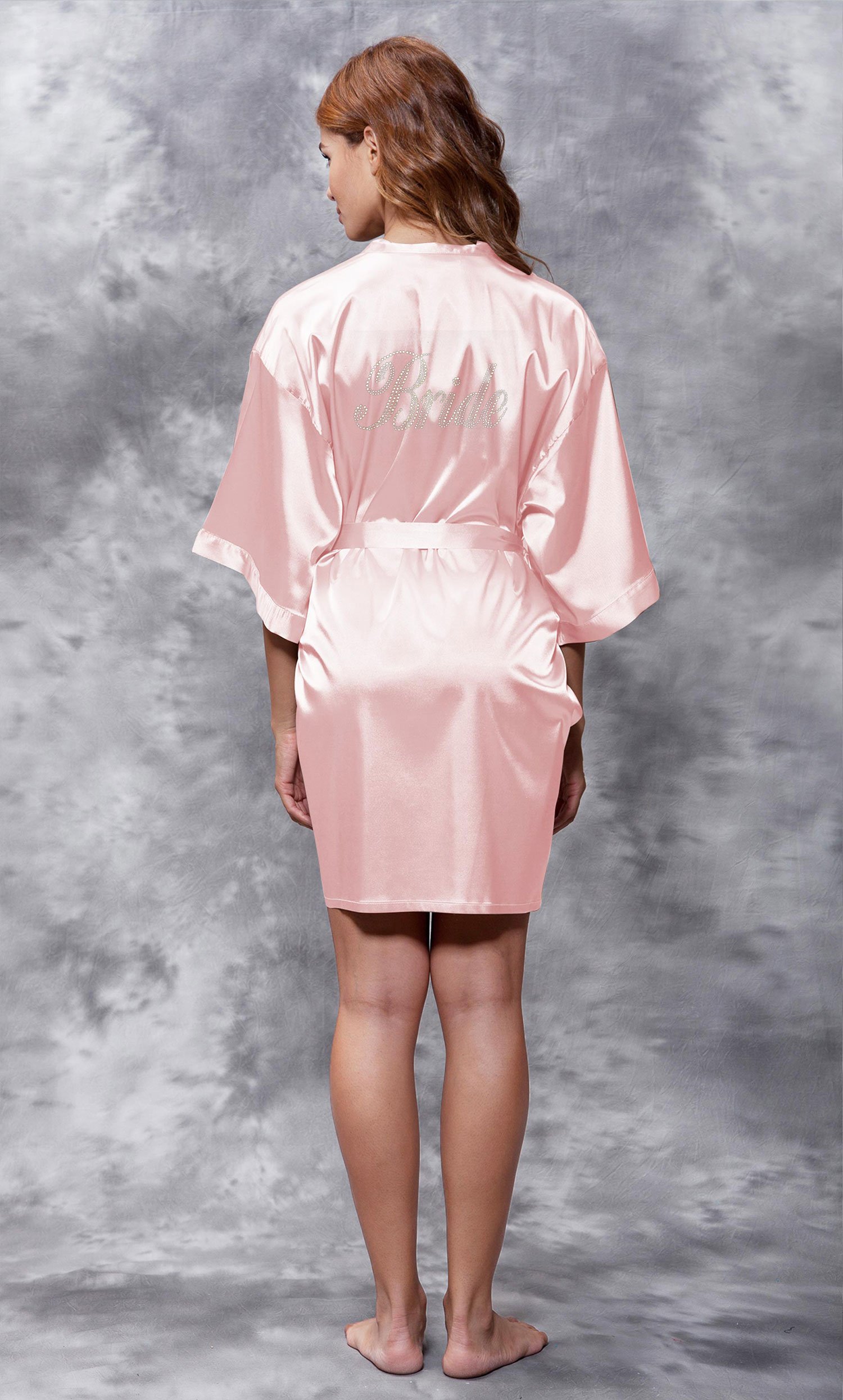 Bride Clear Rhinestone Satin Kimono Light Pink Short Robe-Robemart.com