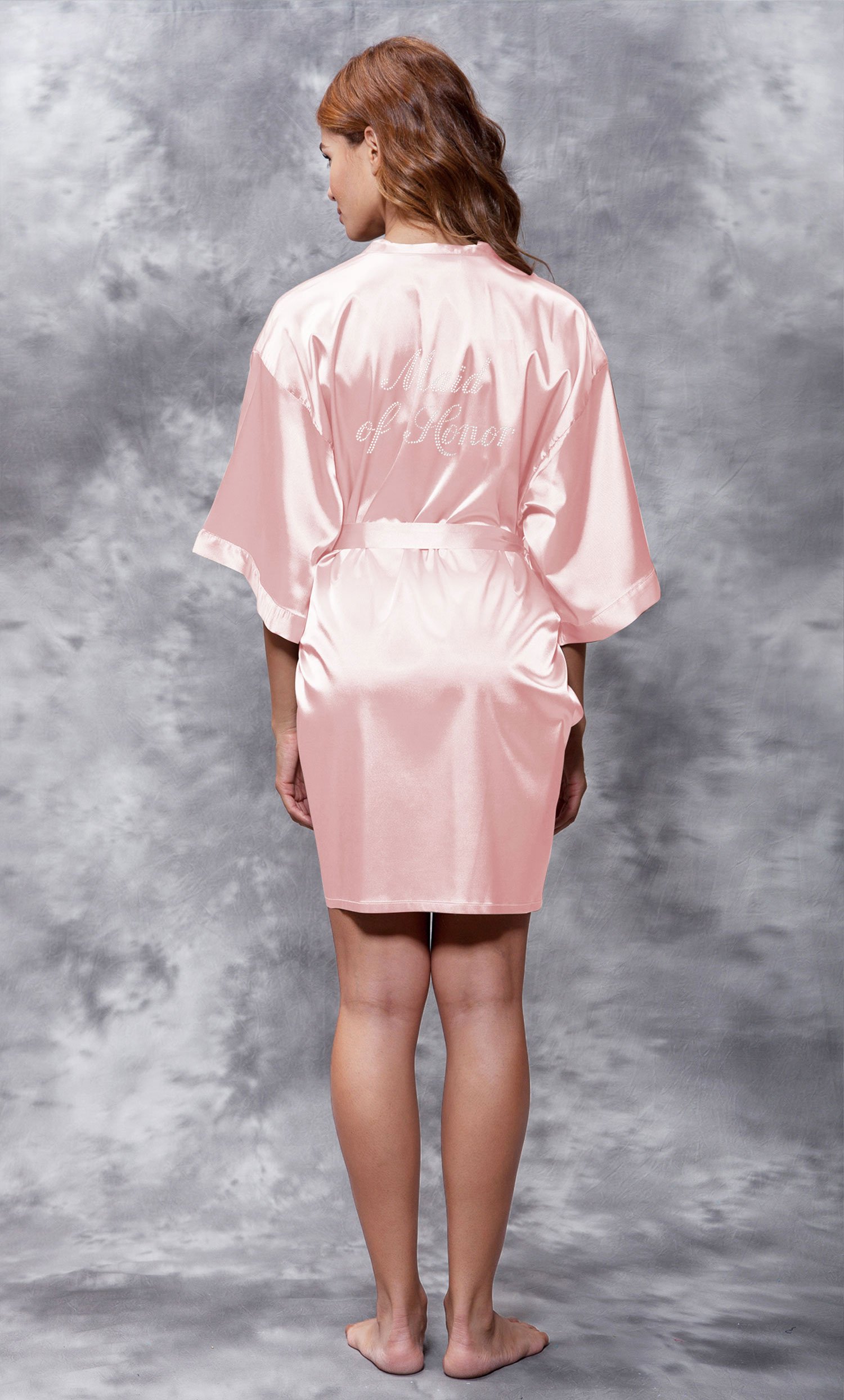 Maid of Honor Clear Rhinestone Satin Kimono Light Pink Peach Short Robe-Robemart.com