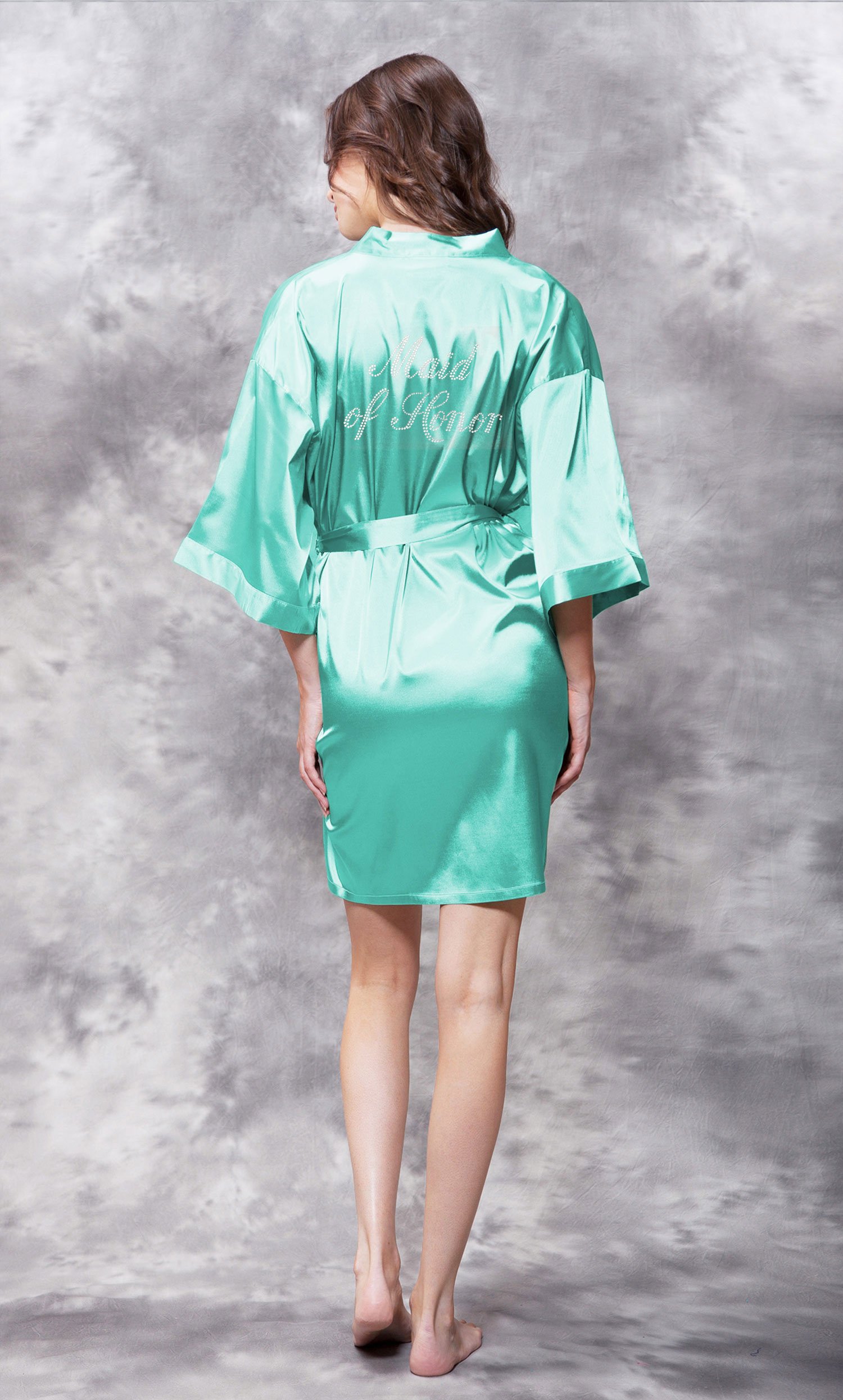 Maid of Honor Clear Rhinestone Satin Kimono Mint Green Short Robe-Robemart.com