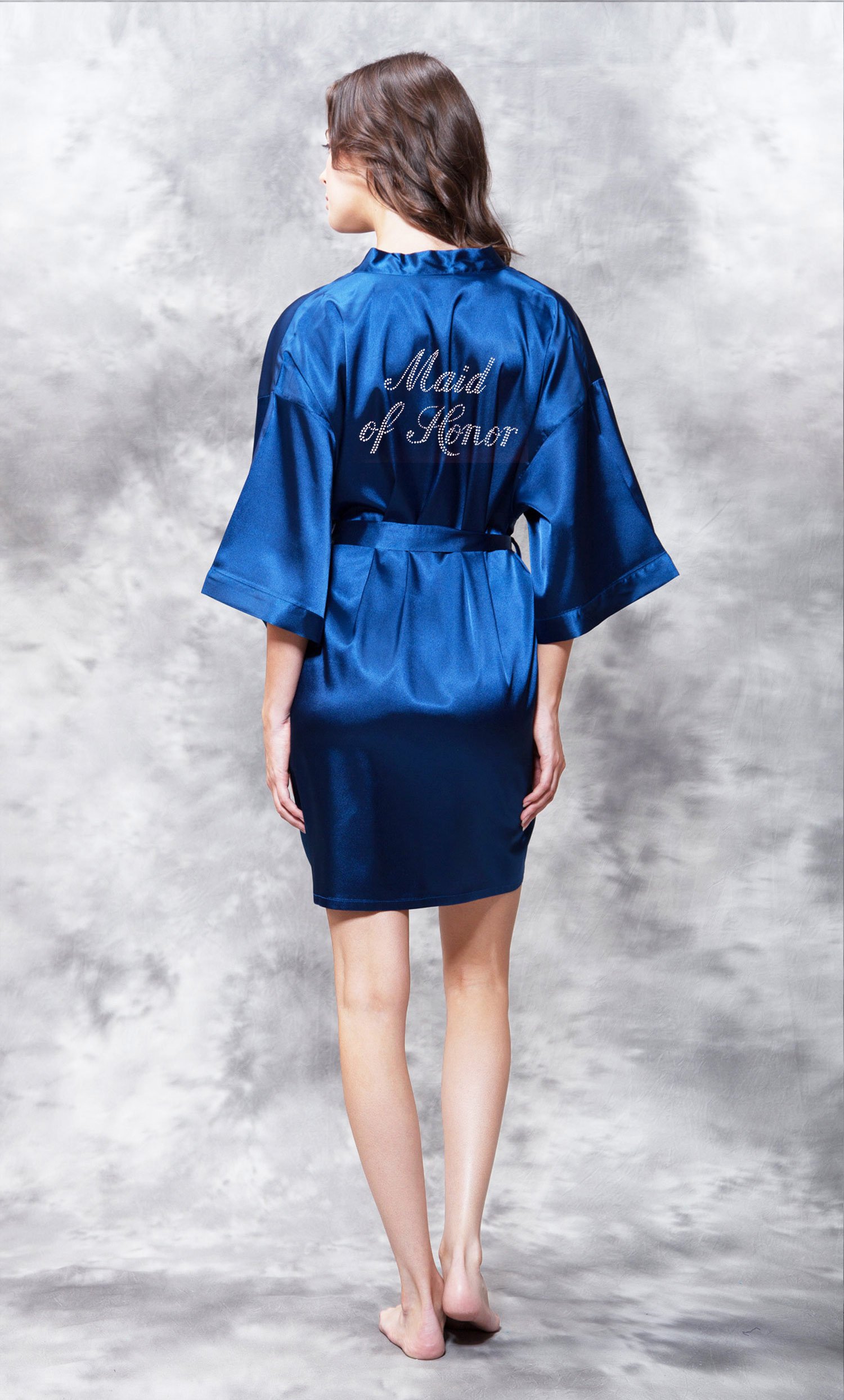 Maid of Honor Clear Rhinestone Satin Kimono Navy Blue Short Robe-Robemart.com